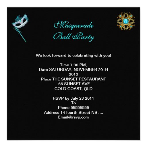 Masquerade Ball Party Teal Blue Black Masks Invitation