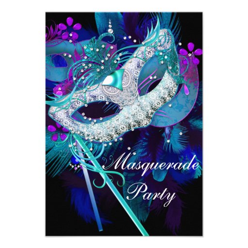 Masquerade Ball Party Teal Blue Black Masks Custom Invitations