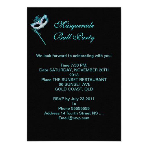 Masquerade Ball Party Teal Blue Black Masks Custom Invitations