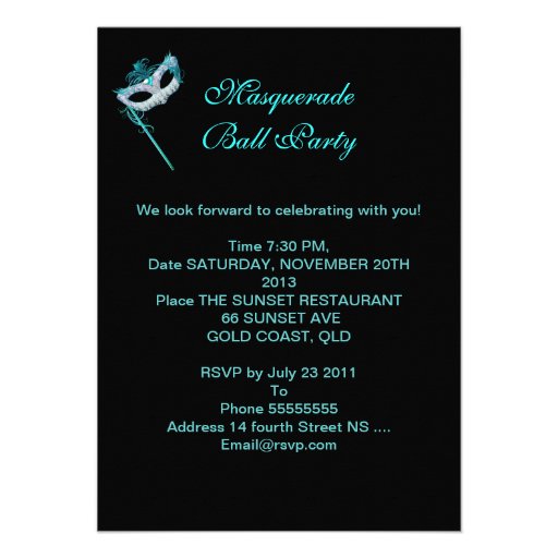 Masquerade Ball Party Teal Blue Purple Masks Personalized Invitations