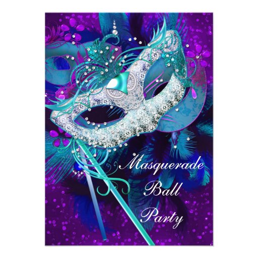 Masquerade Ball Party Teal Blue Purple Masks LGE Custom Invitation