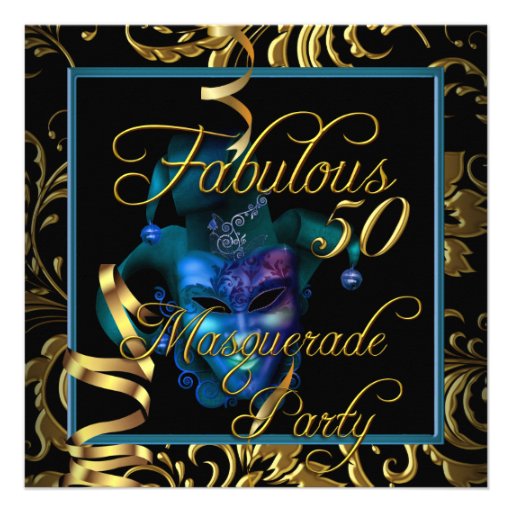 Masquerade Fabulous 50 Gold Blue Birthday Party Personalized Announcements