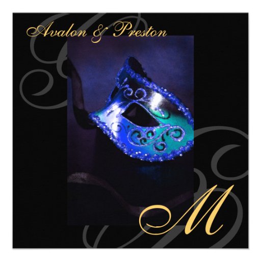 Masquerade Mask Blue Swirl Wedding Invitation