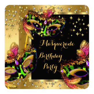Masquerade Masked Lime Pink Gold Birthday Party 5.25x5.25 Square Paper Invitation Card