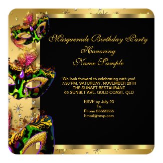 Masquerade Masked Lime Pink Gold Birthday Party 5.25x5.25 Square Paper Invitation Card