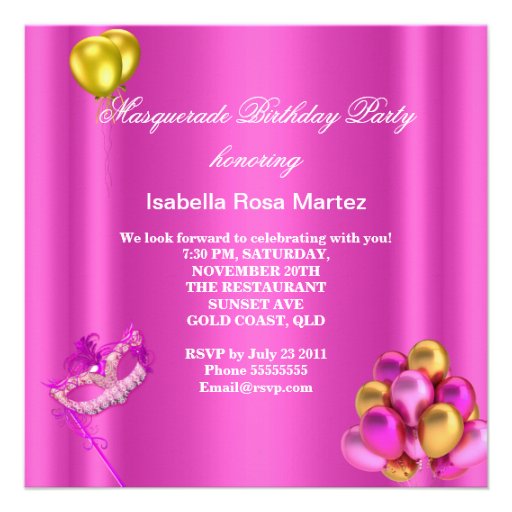 Masquerade Masks Pink Birthday Party Invite