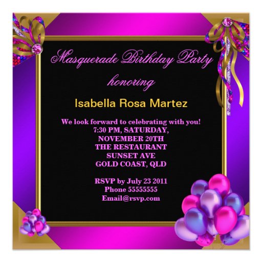 Masquerade Masks Pink Purple Teal Blue Birthday Personalized Announcements