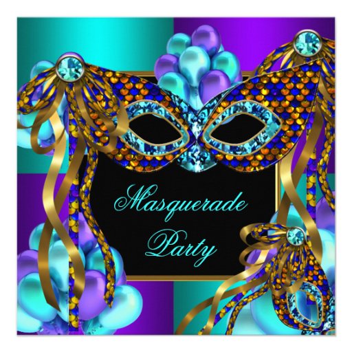 Masquerade Masks Purple Teal Blue Birthday Party Custom Invites