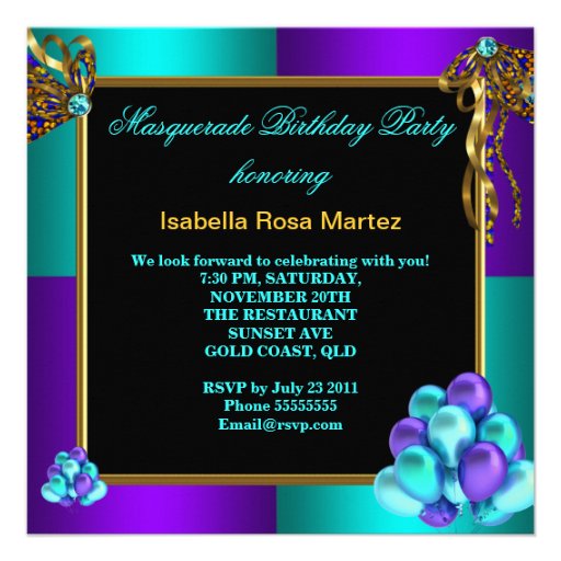 Masquerade Masks Purple Teal Blue Birthday Party Custom Invites