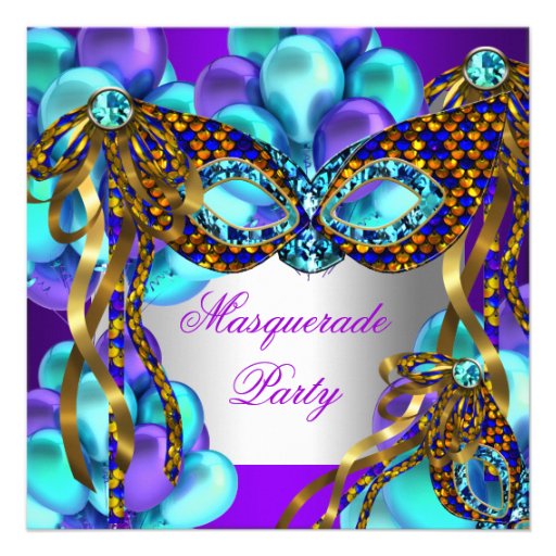 Masquerade Masks Purple Teal Blue Birthday Party Invitations