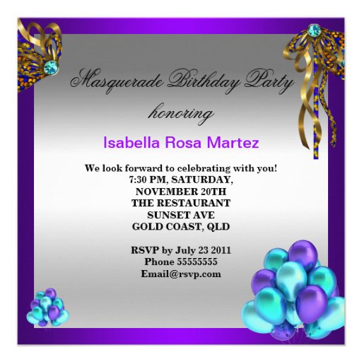 Masquerade Masks Purple Teal Blue Birthday Party Invitations