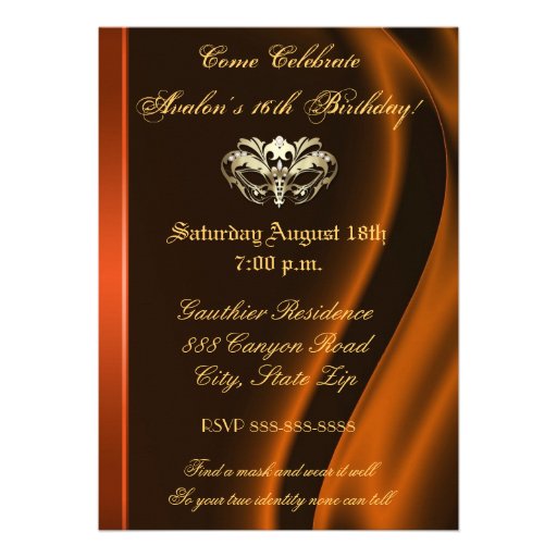 Masquerade Orange Jeweled Sweet 16 Invitation