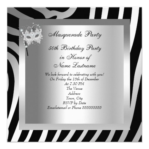 Masquerade Party Fabulous 50 Zebra Silver Custom Invites