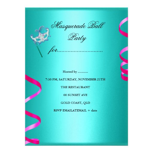 Masquerade Party Mask Teal Pink Metallic Custom Invitations