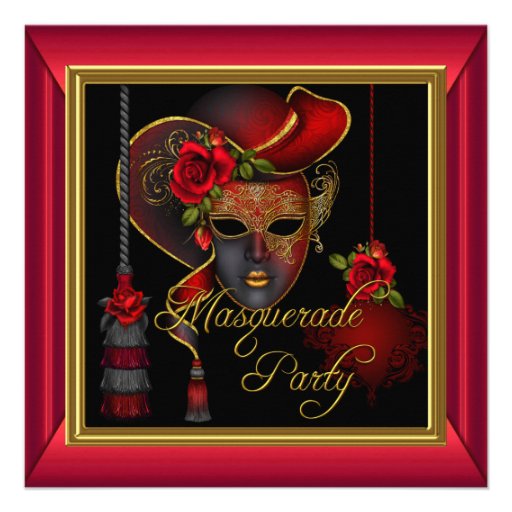 Masquerade Party Red Masks Gold Black Birthday Personalized Invitations (front side)