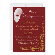 Masquerade, party, white, gold, red, classic invitations