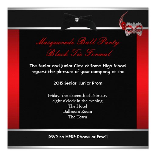 Masquerade Prom High School Dance Red Black Personalized Invitations