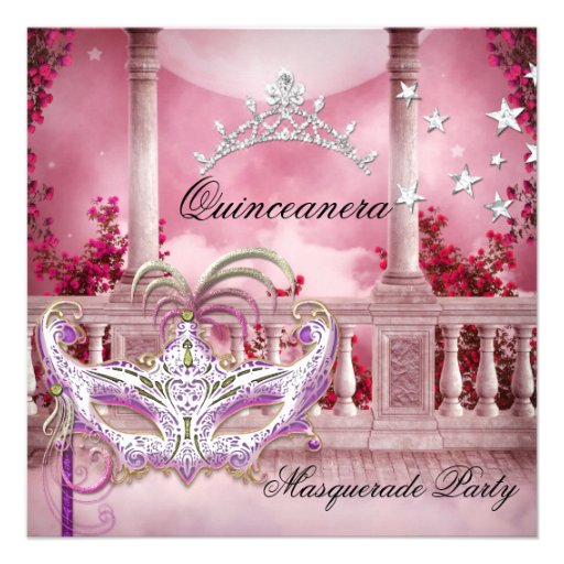Masquerade Quinceanera 15 Pink Birthday Party Custom Announcements