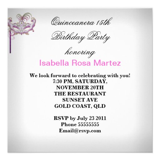 Masquerade Quinceanera 15 Pink Birthday Party Custom Announcements