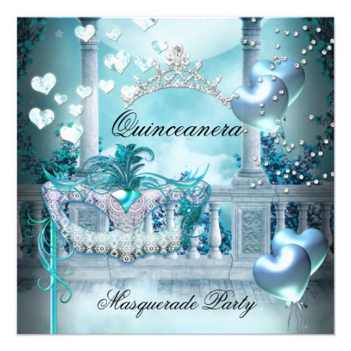 Masquerade Quinceanera 15 Teal Birthday Party Custom Invite