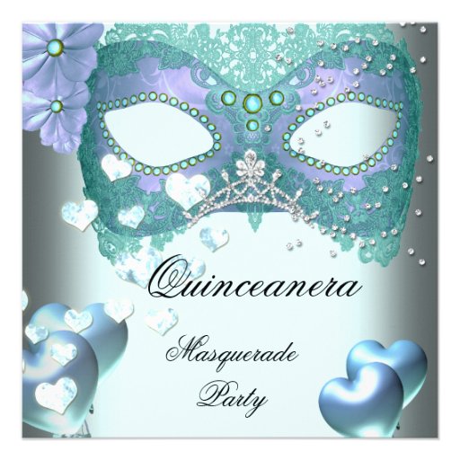 Masquerade Quinceanera 15 Teal Birthday Party Personalized Announcement