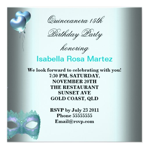 Masquerade Quinceanera 15 Teal Birthday Party Personalized Announcement