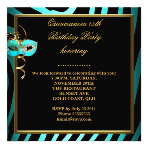 Masquerade Quinceanera 15 Zebra Birthday Party Personalized Invites