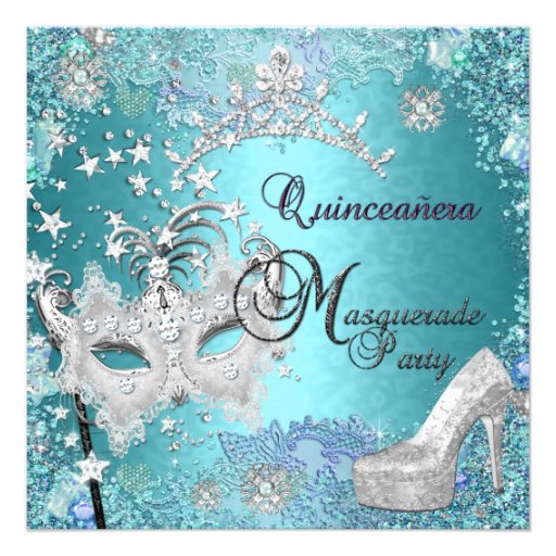 Masquerade Quinceanera 15th Party Blue Tiara Shoe Custom Invite