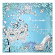 Masquerade Quinceanera 15th Party Blue Tiara Shoe Announcements