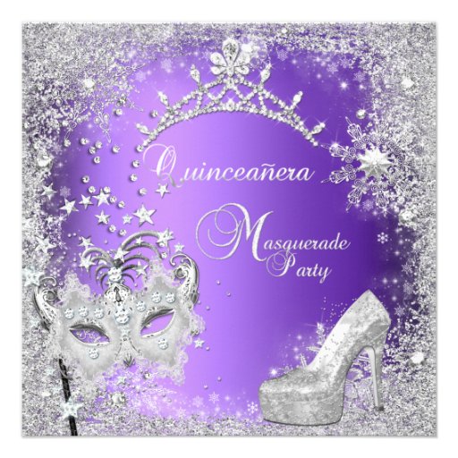 Masquerade Quinceanera 15th Purple Tiara Shoe Custom Invites