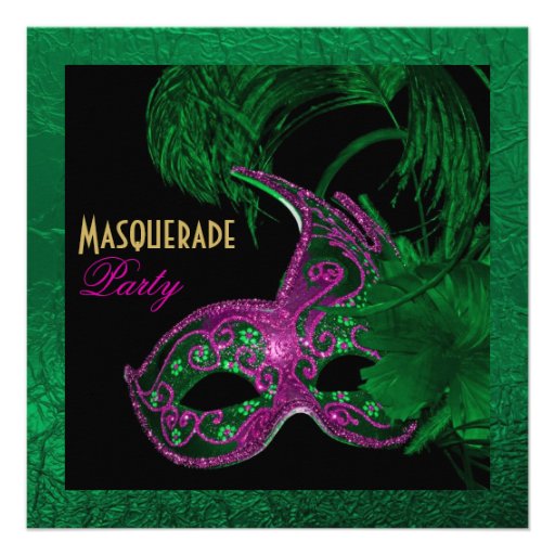 Masquerade quinceañera birthday green, pink mask invite