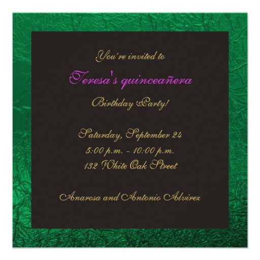 Masquerade quinceañera birthday green, pink mask invite