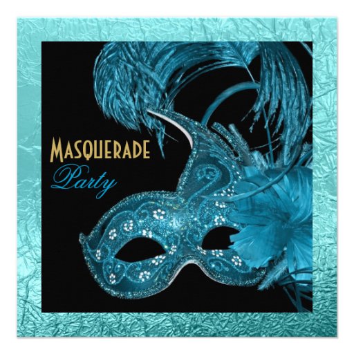 Masquerade quinceañera  party blue, gold foil custom invites