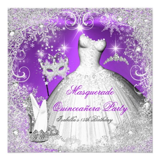 Masquerade Quinceanera Purple Silver Snowflakes Invites