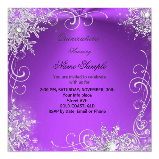 Masquerade Quinceanera Purple Silver Snowflakes Invites