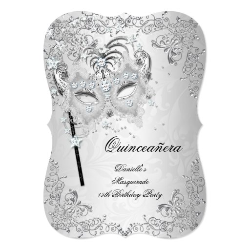 Masquerade Silver Quinceanera 15th Birthday Personalized Announcements (front side)