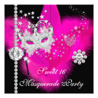 Masquerade Sweet 16 Hot Pink Black Feather Mask Custom Invites