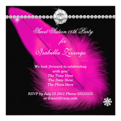 Masquerade Sweet 16 Hot Pink Black Feather Mask Custom Invites