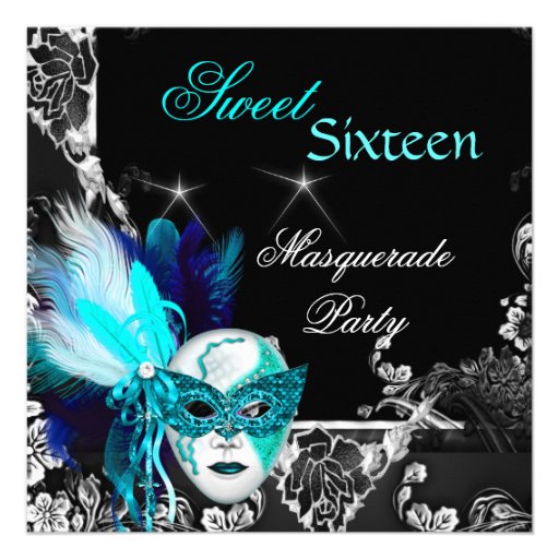 Masquerade Sweet 16 Mask Teal Blue Black Party Personalized Invitations