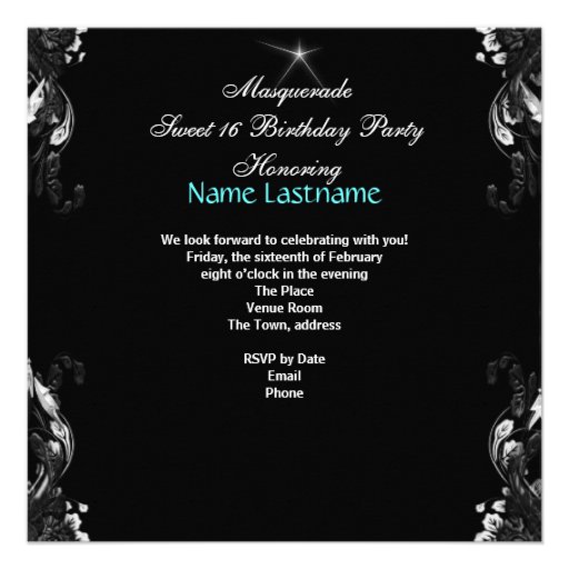 Masquerade Sweet 16 Mask Teal Blue Black Party Personalized Invitations