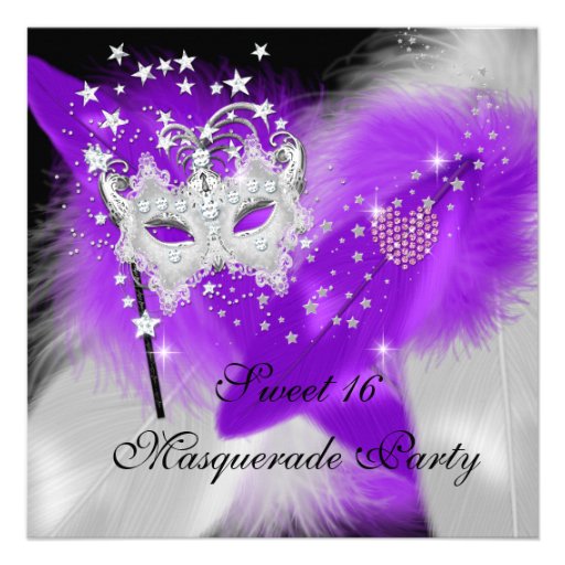 Masquerade Sweet 16 Purple White Feather Mask Custom Invite