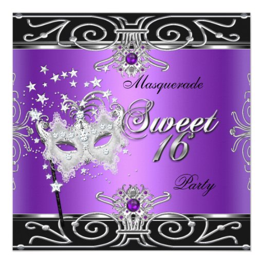 Masquerade Sweet 16 Sixteen Birthday Purple Black Personalized Announcements