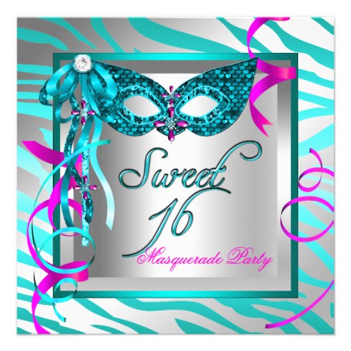 Masquerade Sweet 16 Sixteen Teal Blue Zebra Personalized Announcement