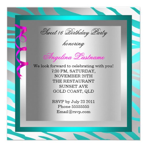 Masquerade Sweet 16 Sixteen Teal Blue Zebra Personalized Announcement