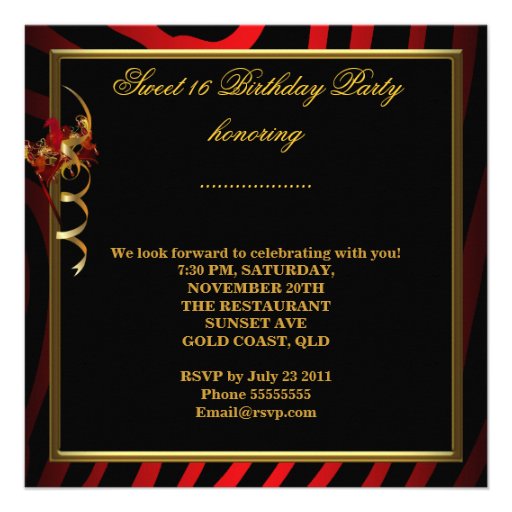 Masquerade Sweet 16 Sweet Sixteen Zebra Red Custom Invite
