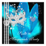 Masquerade Sweet 16 Teal Black Feather Mask Personalized Announcement