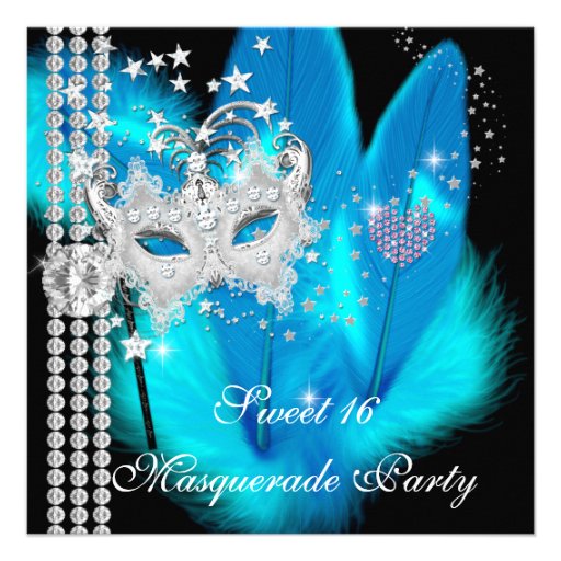 Masquerade Sweet 16 Teal Black Feather Mask Personalized Announcement