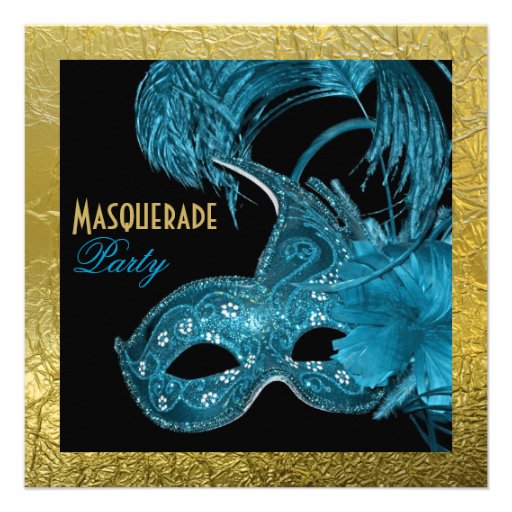 Masquerade Sweet Sixteen party blue, gold foil Invites