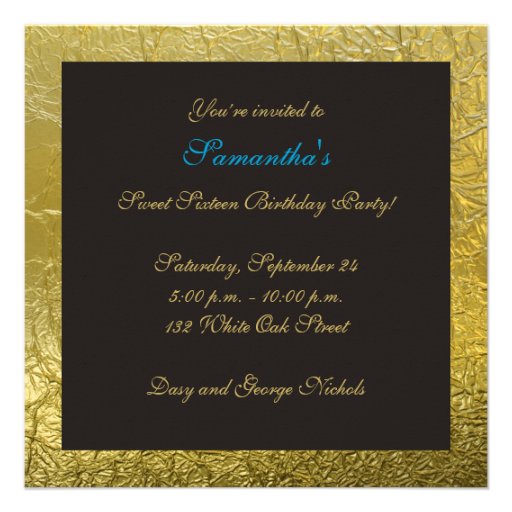 Masquerade Sweet Sixteen party blue, gold foil Invites