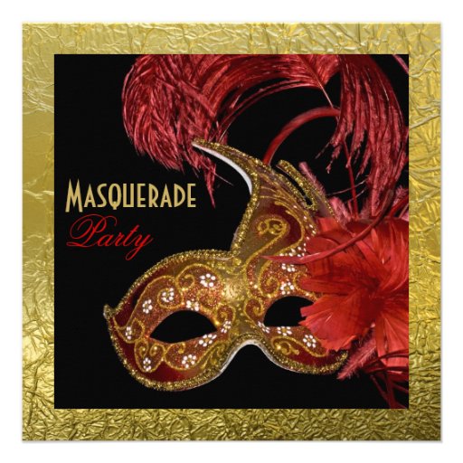 Masquerade Sweet Sixteen party red, faux gold foil Custom Announcements